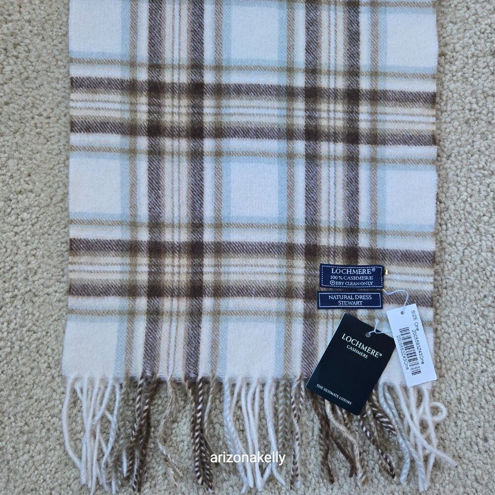 NWT Lochmere Cashmere Scarf Natural Dress Stewart Plaid Brown & Creme - Picture 4 of 8